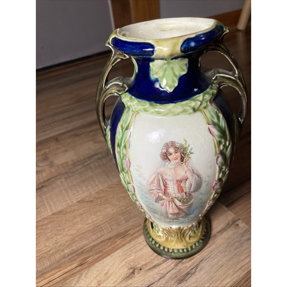 Vtg Majolica Pitcher Vase Art Nouveau French Transferware Cobalt 8.5" Grannycore